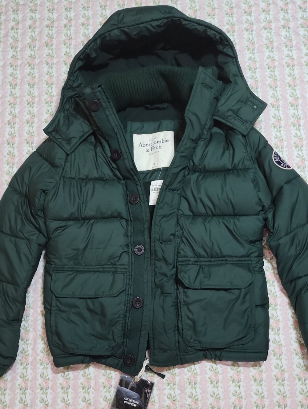 $220 NWT Abercrombie & Fitch Dark Green Quilted Hooded Puffer Jacket S